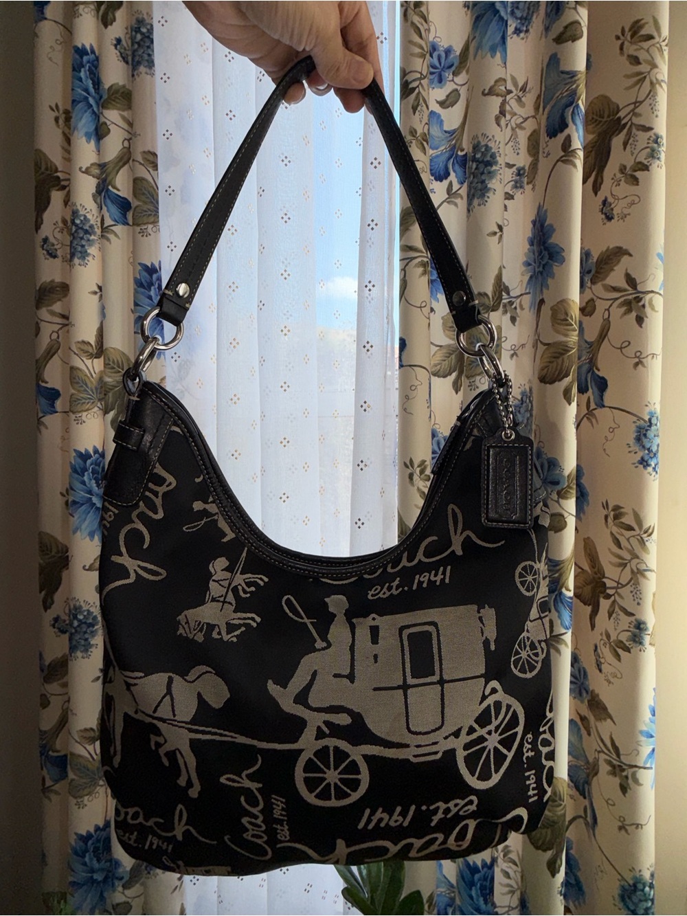 Coach Black & Khaki Signature Carriage Hobo Bag